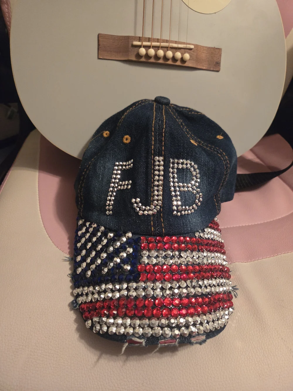 🛍 5/$25🛍Denim Baseball Cap with Rhinestone USA Flag FJB - Blue/Red/White